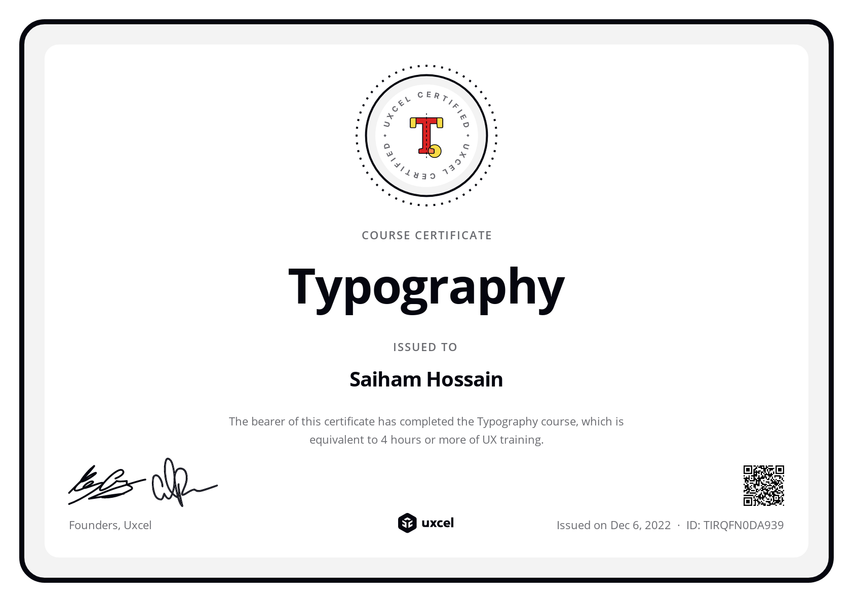 Saiham Hossain's certificate